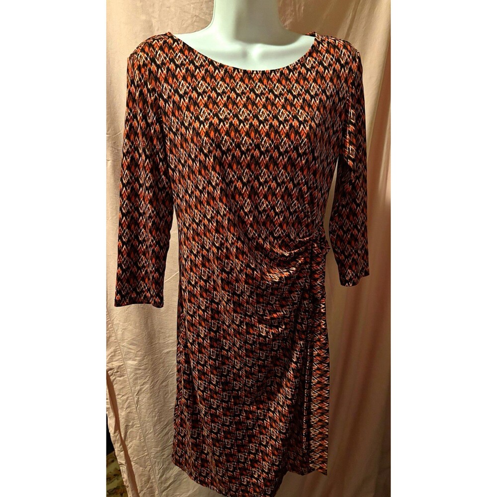 AA Studio Size 8 Ruched Side Dress Orange Black Geometric 3/4 Sleeve Stretch